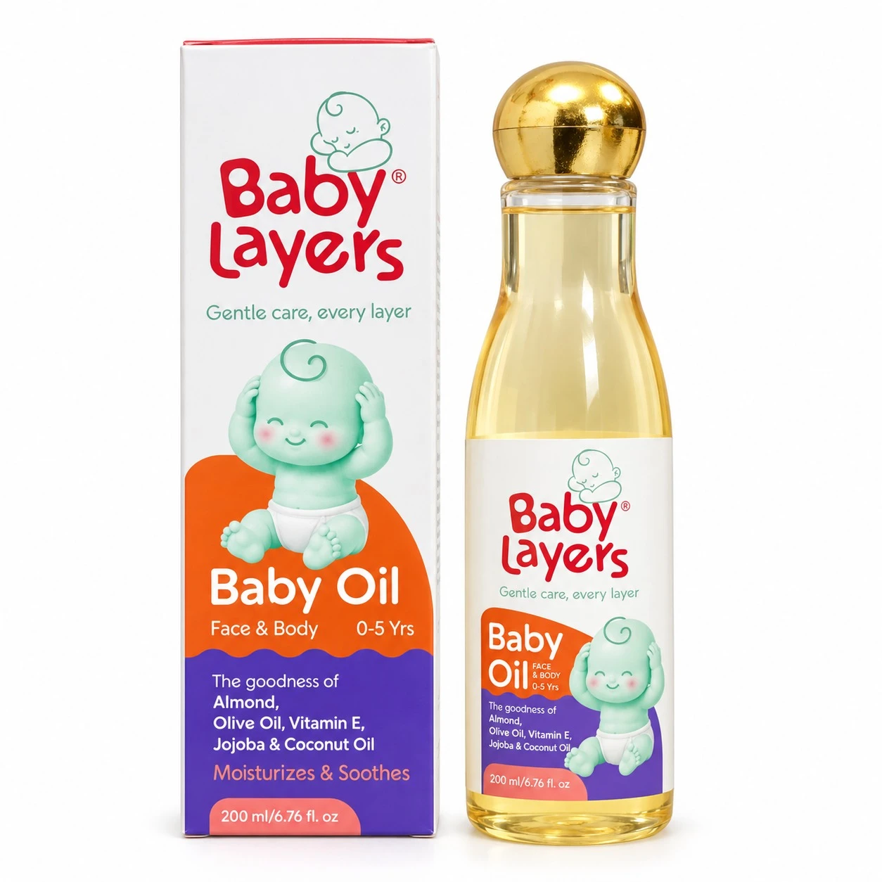 BabyLayers Advanced Baby Massage Oil for Babies | With Sesame, Almond, Olive, Jojoba & Coconut Oils | Vitamin E | Moisturises & Soothes Skin | Face & Body | 0-5 Years | 200 ml